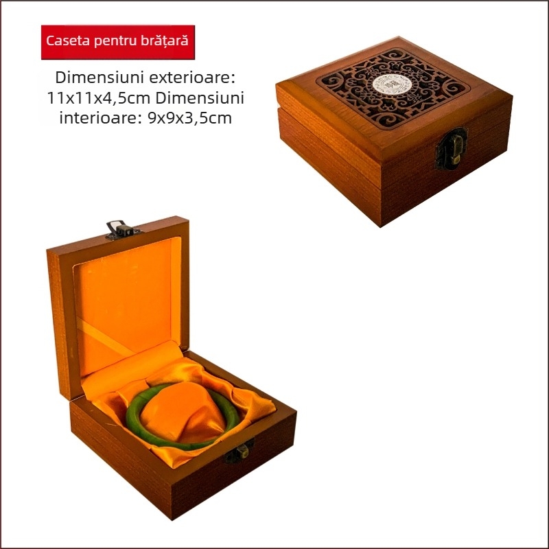 Cutie din lemn pentru bijuterii cu gravură și căptușeală din mătase galbenă, potrivită pentru brățări, mărgele budiste Bodhi și coliere; modelul 99, ambalaj universal, imprimare logo disponibil