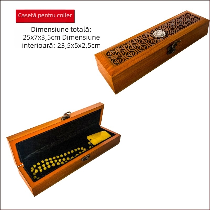 Cutie din lemn pentru bijuterii cu gravură și căptușeală din mătase galbenă, potrivită pentru brățări, mărgele budiste Bodhi și coliere; modelul 99, ambalaj universal, imprimare logo disponibil