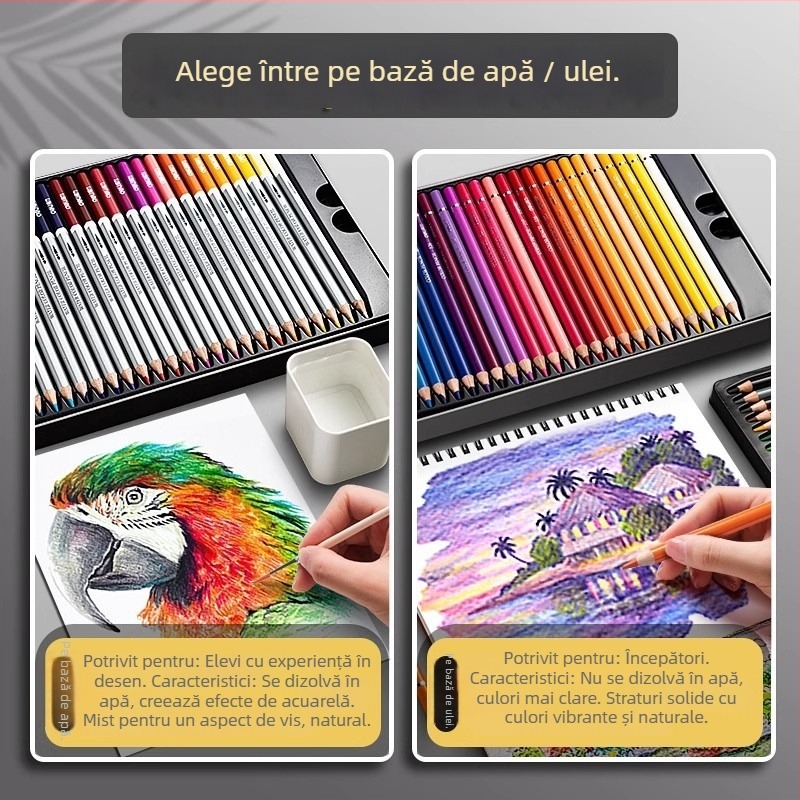 Deli creioane colorate solubile în apă, într-o cutie metalică, pentru elevi