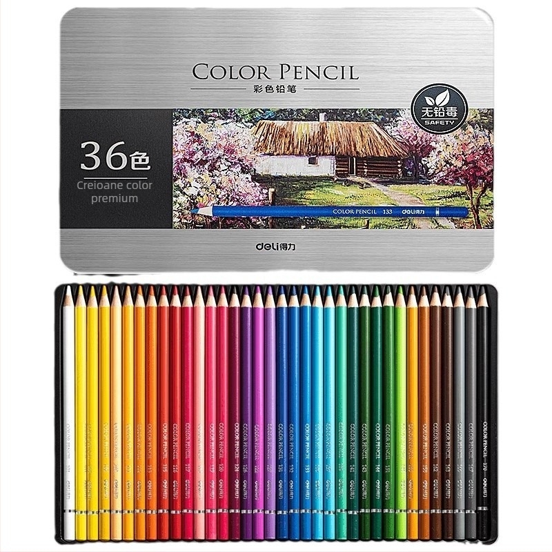 Deli creioane colorate solubile în apă, într-o cutie metalică, pentru elevi