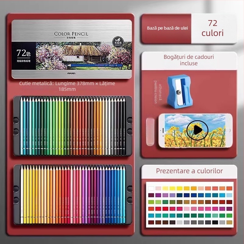Deli creioane colorate solubile în apă, într-o cutie metalică, pentru elevi