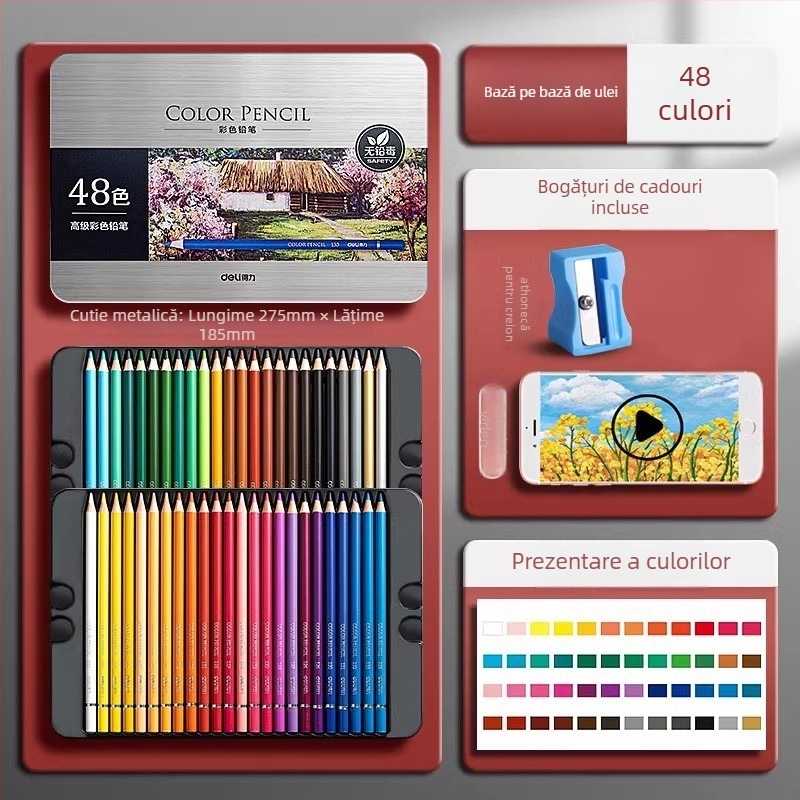 Deli creioane colorate solubile în apă, într-o cutie metalică, pentru elevi