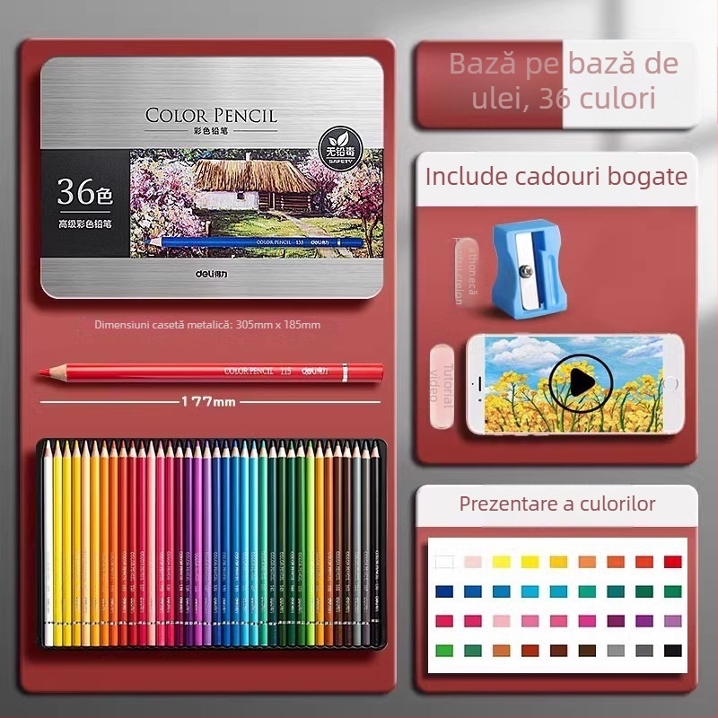 Deli creioane colorate solubile în apă, într-o cutie metalică, pentru elevi
