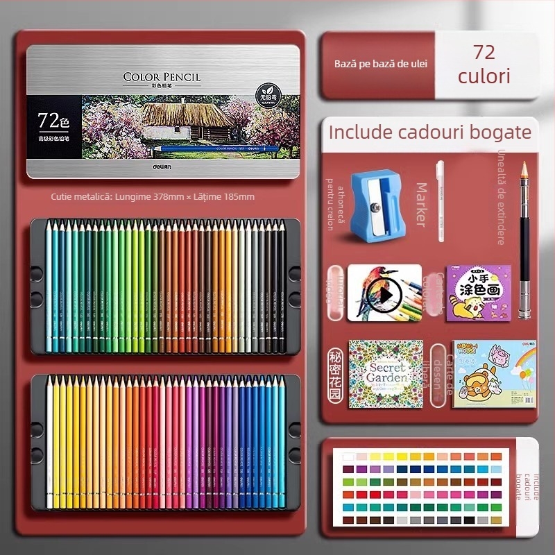 Deli creioane colorate solubile în apă, într-o cutie metalică, pentru elevi