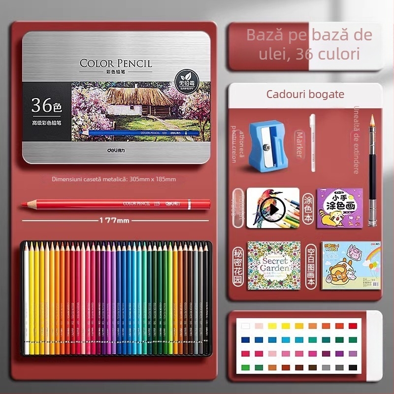 Deli creioane colorate solubile în apă, într-o cutie metalică, pentru elevi