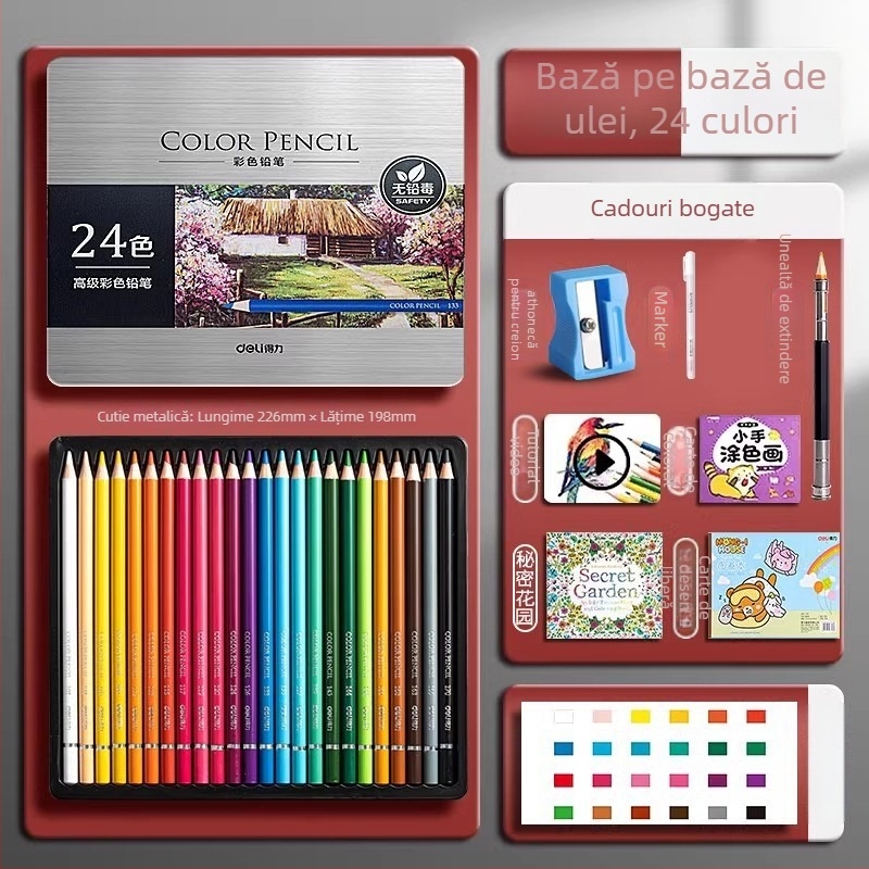 Deli creioane colorate solubile în apă, într-o cutie metalică, pentru elevi