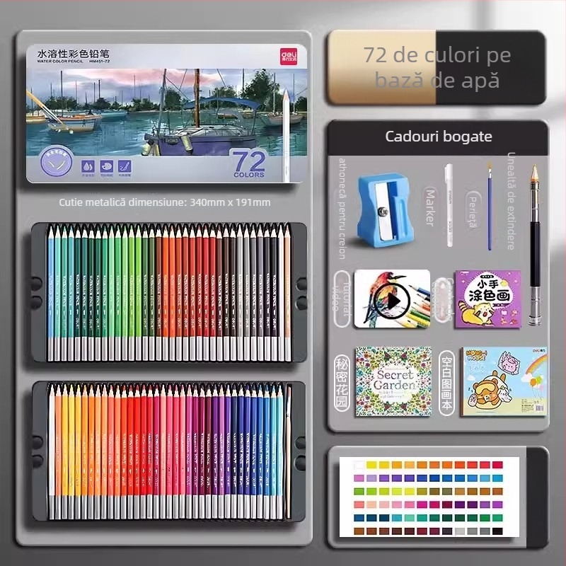 Deli creioane colorate solubile în apă, într-o cutie metalică, pentru elevi