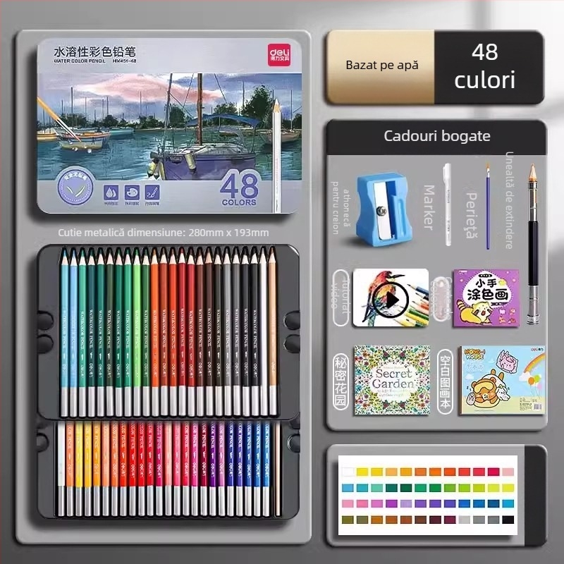 Deli creioane colorate solubile în apă, într-o cutie metalică, pentru elevi