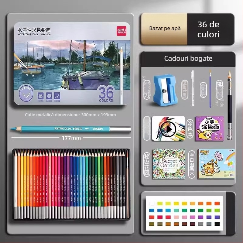 Deli creioane colorate solubile în apă, într-o cutie metalică, pentru elevi