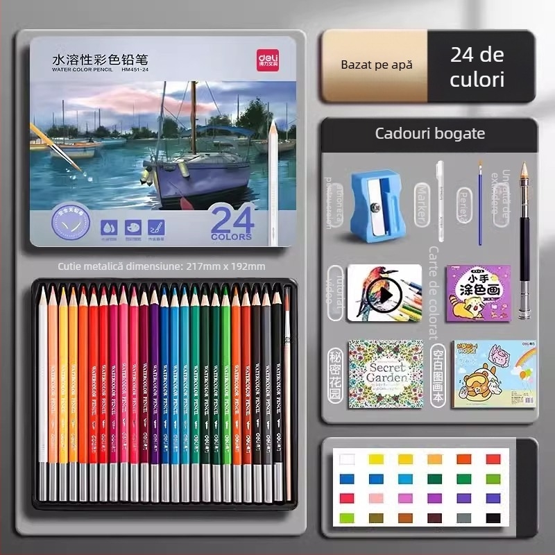 Deli creioane colorate solubile în apă, într-o cutie metalică, pentru elevi