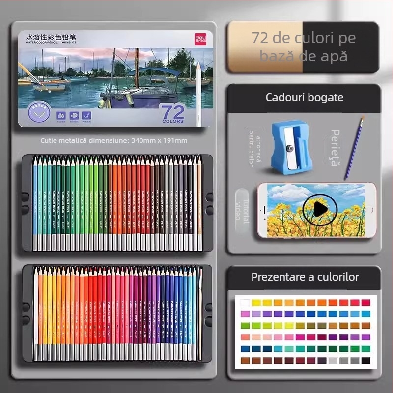 Deli creioane colorate solubile în apă, într-o cutie metalică, pentru elevi