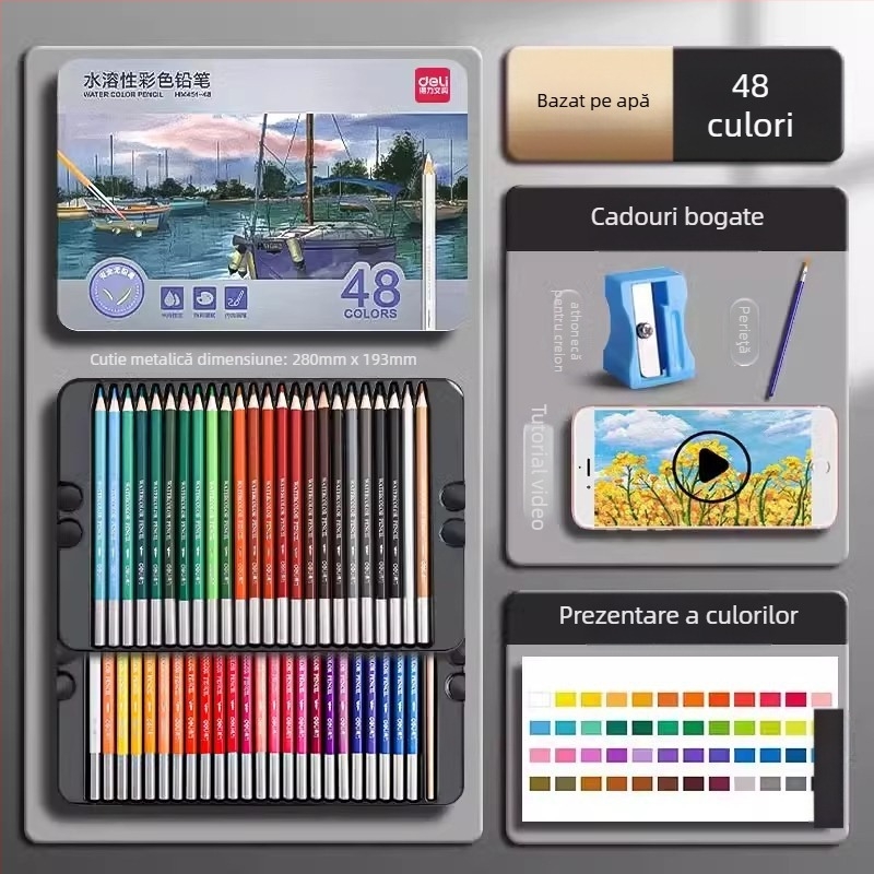 Deli creioane colorate solubile în apă, într-o cutie metalică, pentru elevi