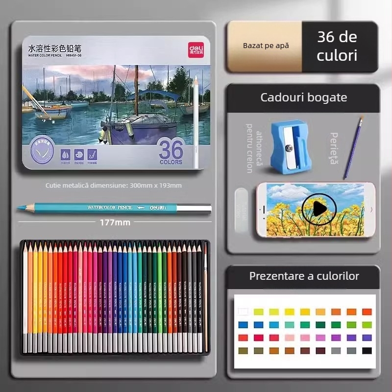 Deli creioane colorate solubile în apă, într-o cutie metalică, pentru elevi