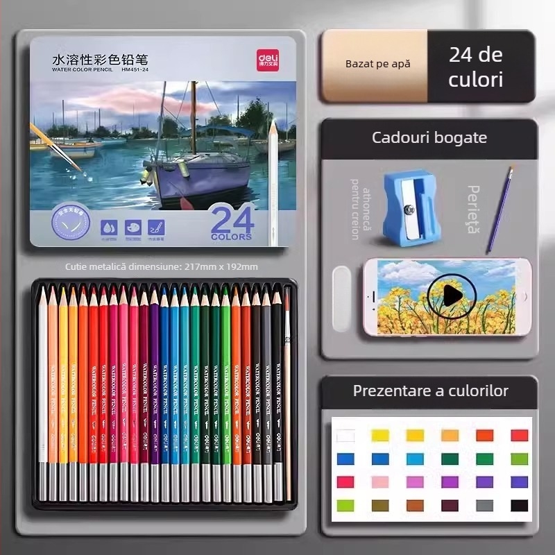 Deli creioane colorate solubile în apă, într-o cutie metalică, pentru elevi