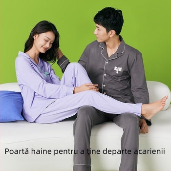 Set de pijamă din bumbac imitativ, cu guler rever, mâneci lungi și pantaloni — greutate medie 141–160 g/m²