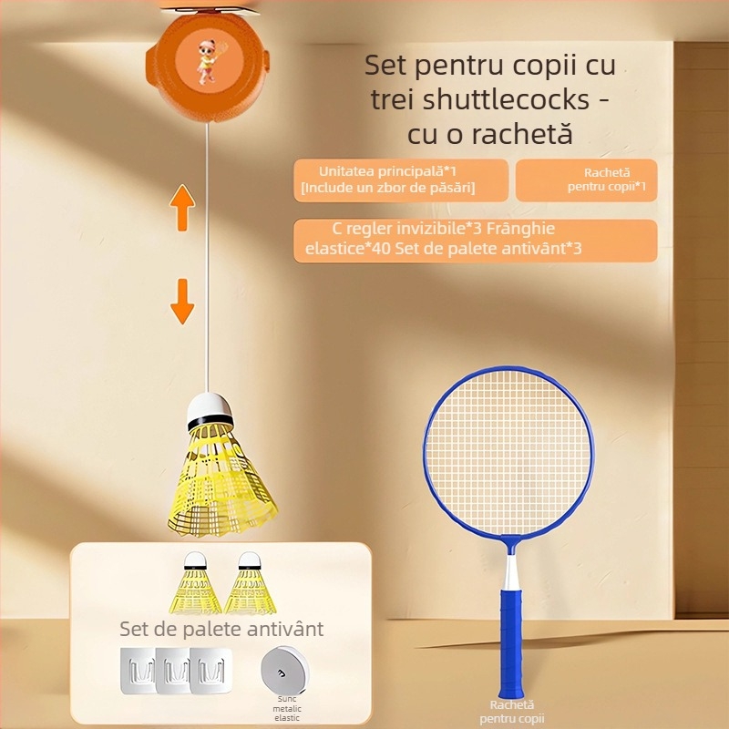 Antrenor de badminton cu revenire automată, antrenament familial interactiv, set de 3 bucăți, cadru din aliaj de fier, șnururi din Nailon, 90–94 g