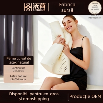 Pernă cervicală cu formă în val, din latex natural, husă tricotată, conținut latex 90%+, potrivită pentru toate anotimpurile și toate grupele de vârstă.