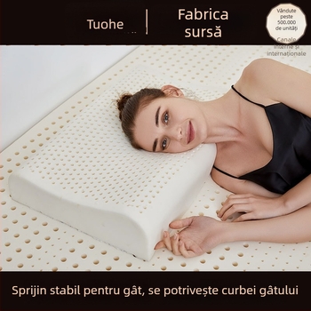 Pernă cervicală cu formă în val, din latex natural, husă tricotată, conținut latex 90%+, potrivită pentru toate anotimpurile și toate grupele de vârstă.