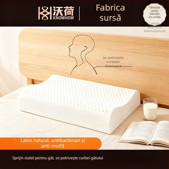 Pernă cervicală cu formă în val, din latex natural, husă tricotată, conținut latex 90%+, potrivită pentru toate anotimpurile și toate grupele de vârstă.