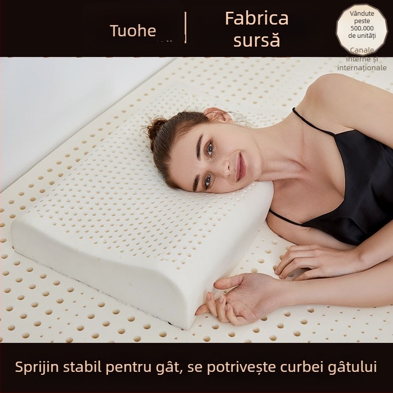Pernă cervicală cu formă în val, din latex natural, husă tricotată, conținut latex 90%+, potrivită pentru toate anotimpurile și toate grupele de vârstă.