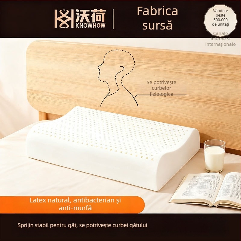 Pernă cervicală cu formă în val, din latex natural, husă tricotată, conținut latex 90%+, potrivită pentru toate anotimpurile și toate grupele de vârstă.