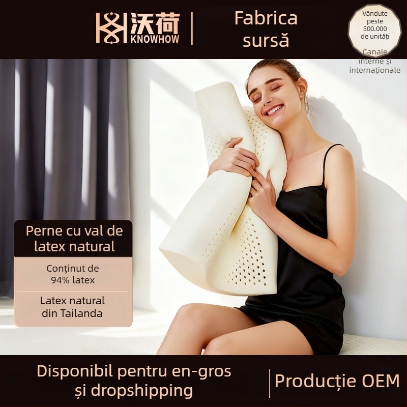 Pernă cervicală cu formă în val, din latex natural, husă tricotată, conținut latex 90%+, potrivită pentru toate anotimpurile și toate grupele de vârstă.