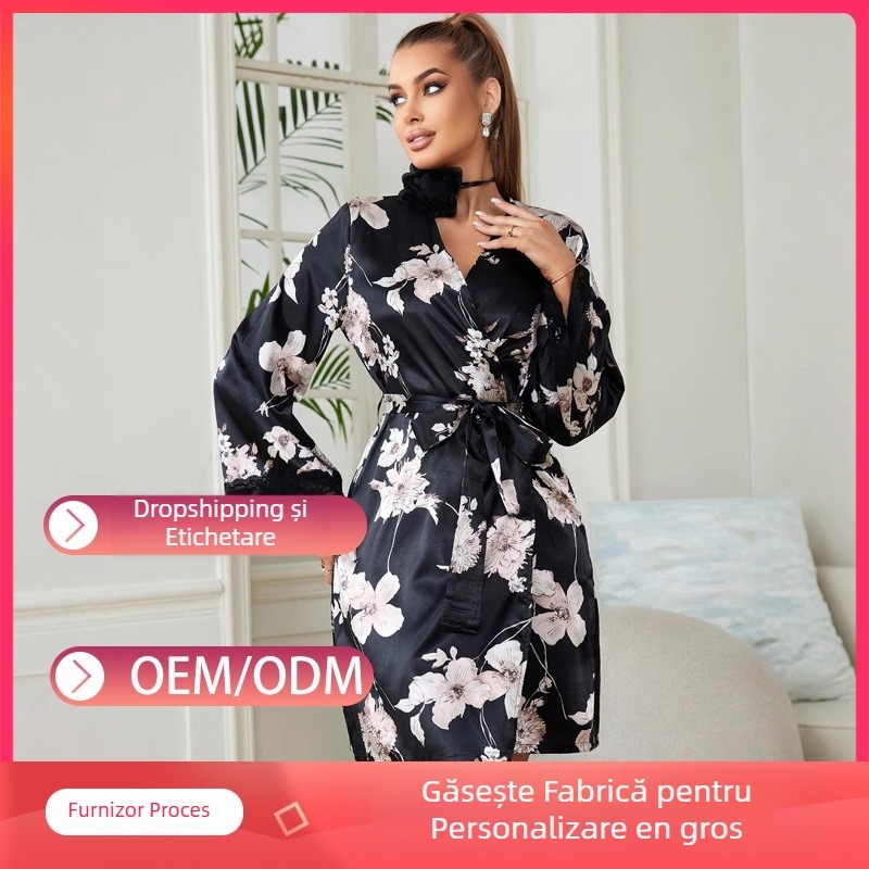 Set de pijamale feminin cu rochie de noapte din dantelă sexy și cardigan, poliester 90–95%, grosime medie, fără guler, pentru toate anotimpurile