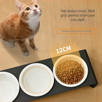 Suport pentru boluri de animale de companie din oțel carbon, cu boluri ceramice, trei boluri, gură înclinată, anti răsturnare