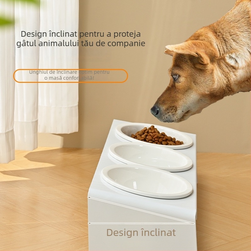 Suport pentru boluri de animale de companie din oțel carbon, cu boluri ceramice, trei boluri, gură înclinată, anti răsturnare