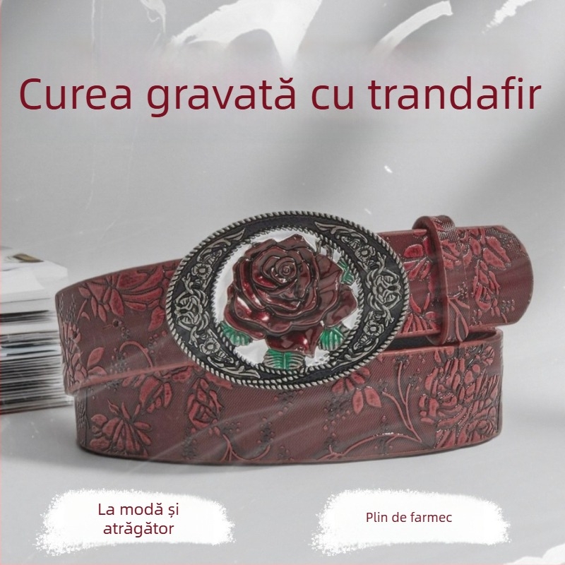 Centură de damă Y2K în stil occidental, cu floare de trandafir gravată, din PU, cataramă din aliaj, închidere cu clips, lățime 2–4 cm, stil retro literar-artist