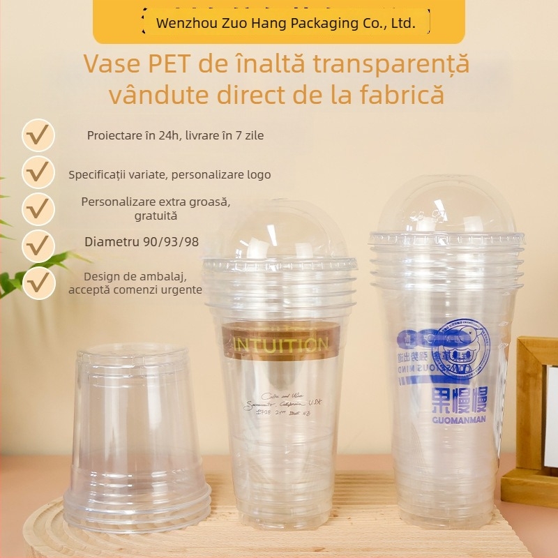 Pahar PET de unică folosință pentru cafea/ceai cu lapte, imprimare offset, personalizabil, imprimare logo disponibil, potrivit pentru ambalaje alimentare