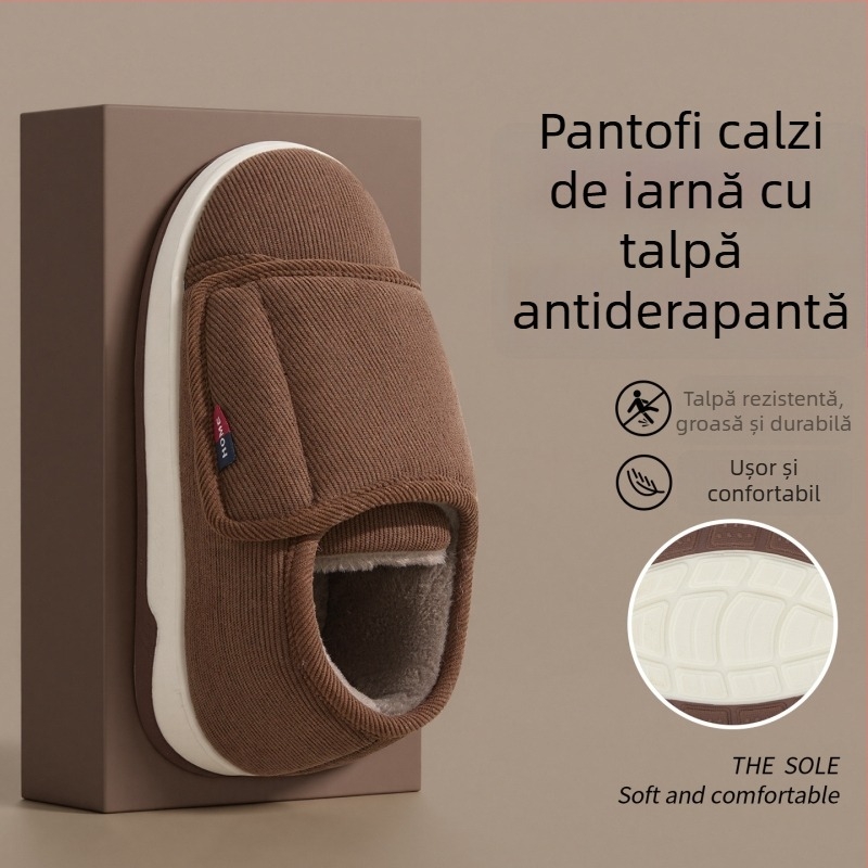 Papuci de interior din bumbac pentru bărbați, talpă antiderapantă TPR, partea superioară textil, închidere Velcro — Toamna 2025