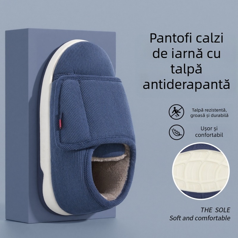Papuci de interior din bumbac pentru bărbați, talpă antiderapantă TPR, partea superioară textil, închidere Velcro — Toamna 2025