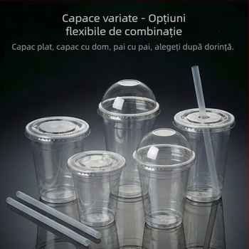 Pahare transparente din plastic cu capac, set de pahare PET, de unică folosință, pentru ceai cu lapte, băuturi reci și iaurt