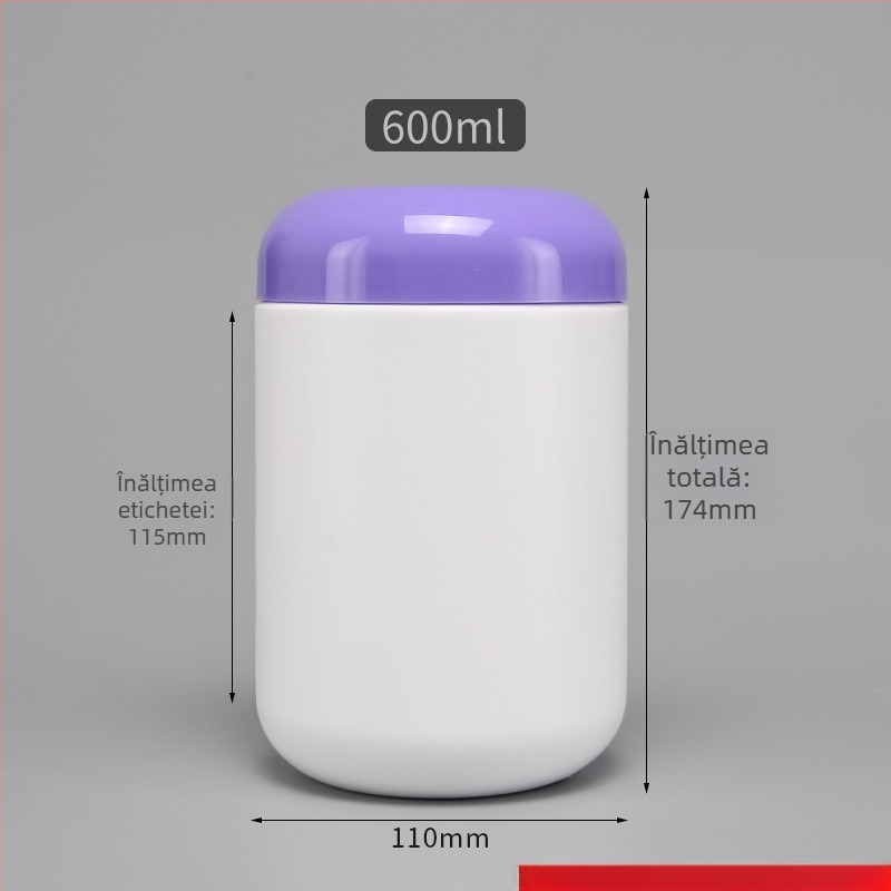 Recipient din plastic HDPE pentru pulberi, cu capac, capacitate 600 ml, procesare personalizată, logo tipărit, potrivit pentru pulberi
