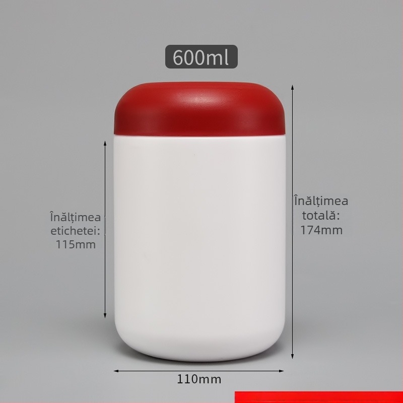 Recipient din plastic HDPE pentru pulberi, cu capac, capacitate 600 ml, procesare personalizată, logo tipărit, potrivit pentru pulberi
