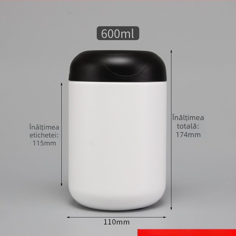 Recipient din plastic HDPE pentru pulberi, cu capac, capacitate 600 ml, procesare personalizată, logo tipărit, potrivit pentru pulberi