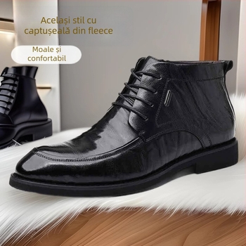 Pantofi de piele înalți pentru bărbați, partea superioară din piele de vițel dublă, căptușeală din blană artificială, talpă din cauciuc adeziv, toc mic în formă de pană 1–3 cm, iarnă