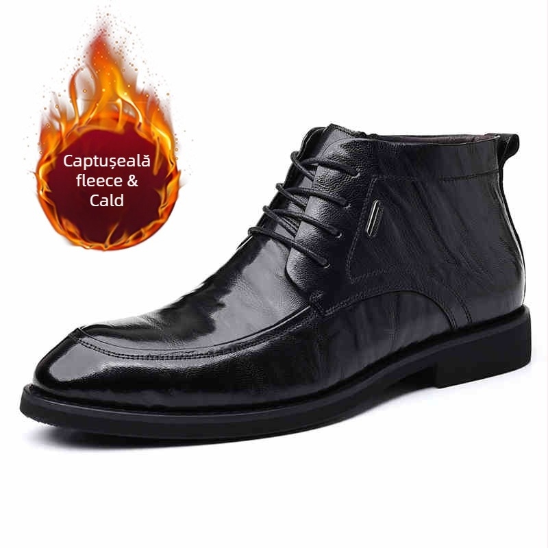 Pantofi de piele înalți pentru bărbați, partea superioară din piele de vițel dublă, căptușeală din blană artificială, talpă din cauciuc adeziv, toc mic în formă de pană 1–3 cm, iarnă