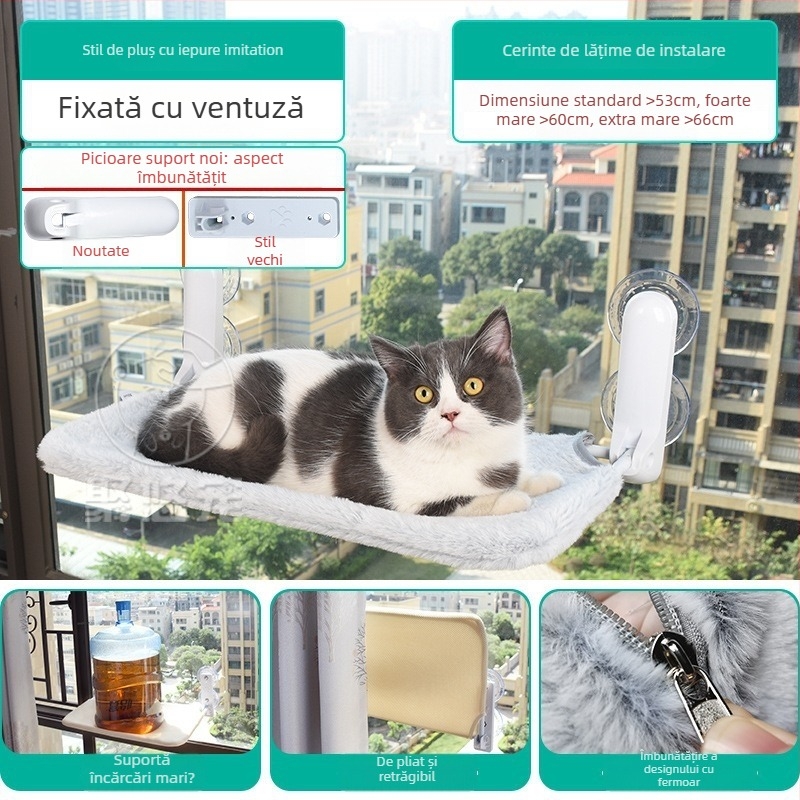 Hamac pentru pisici cu ventuze pentru geam, cuib de pisica din pluș sintetic scurt, respirabil și cald, pentru toate sezoanele