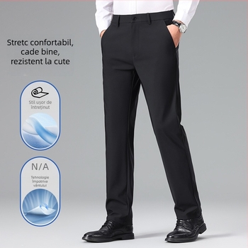 Pantaloni bărbați drepti, căptușiți cu fleece, croială business casual, talie medie, deschidere cu fermoar, amestec poliester-bumbac