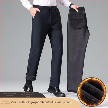 Pantaloni bărbați drepti, căptușiți cu fleece, croială business casual, talie medie, deschidere cu fermoar, amestec poliester-bumbac