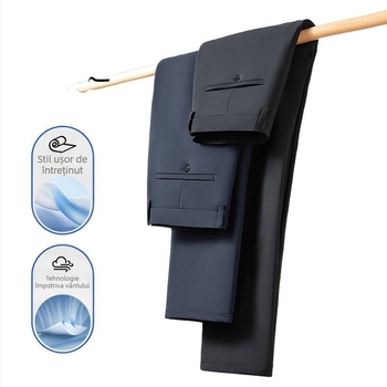 Pantaloni bărbați drepti, căptușiți cu fleece, croială business casual, talie medie, deschidere cu fermoar, amestec poliester-bumbac