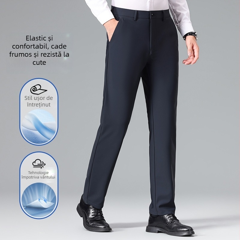 Pantaloni bărbați drepti, căptușiți cu fleece, croială business casual, talie medie, deschidere cu fermoar, amestec poliester-bumbac
