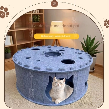Cuib de pisică din fetru, tunel în formă de S, cu două straturi, semiînchis și respirabil, detașabil pentru interior