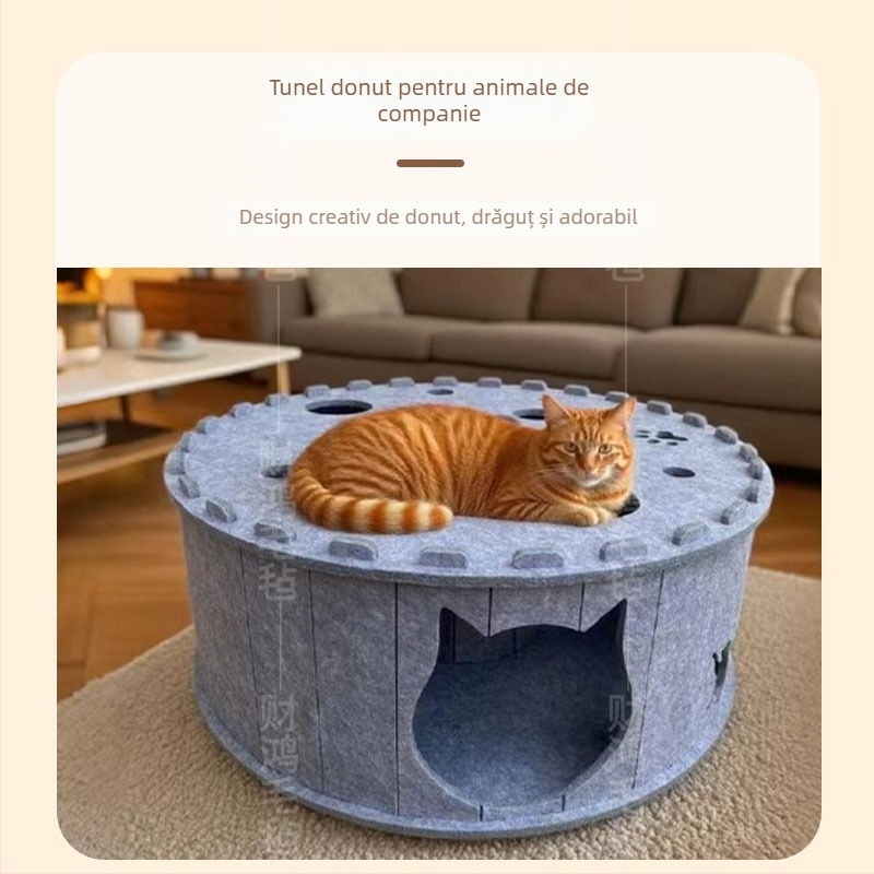 Cuib de pisică din fetru, tunel în formă de S, cu două straturi, semiînchis și respirabil, detașabil pentru interior