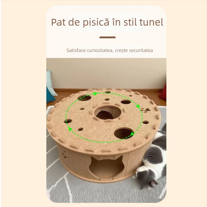 Cuib de pisică din fetru, tunel în formă de S, cu două straturi, semiînchis și respirabil, detașabil pentru interior