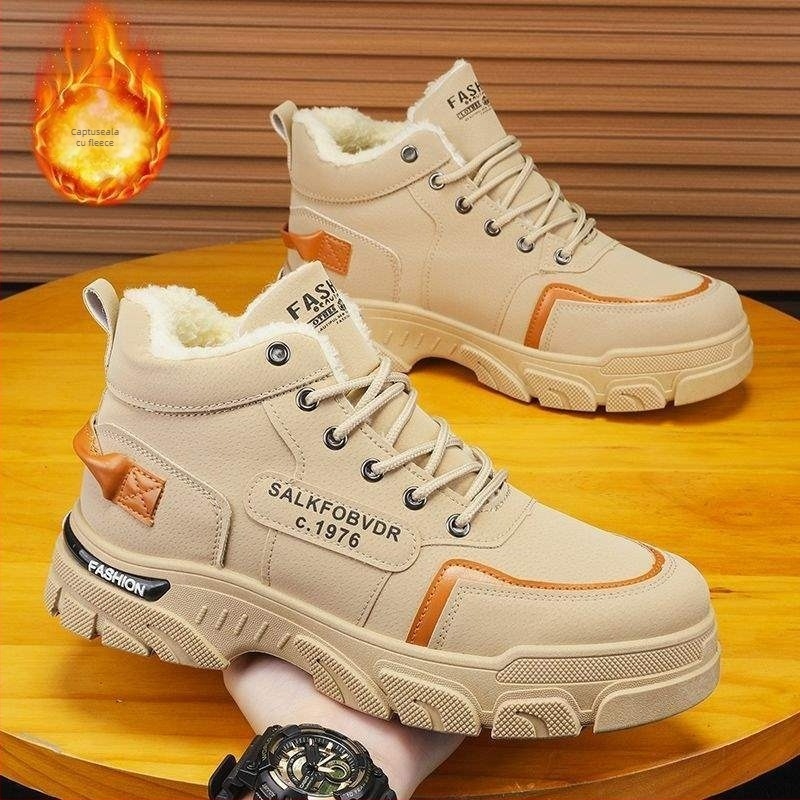 Ghete de iarnă pentru bărbați, înalte, stil Martin, căptușite cu fleece, impermeabile, antiaderente, încălzite, PU pe partea superioară, talpă EVA