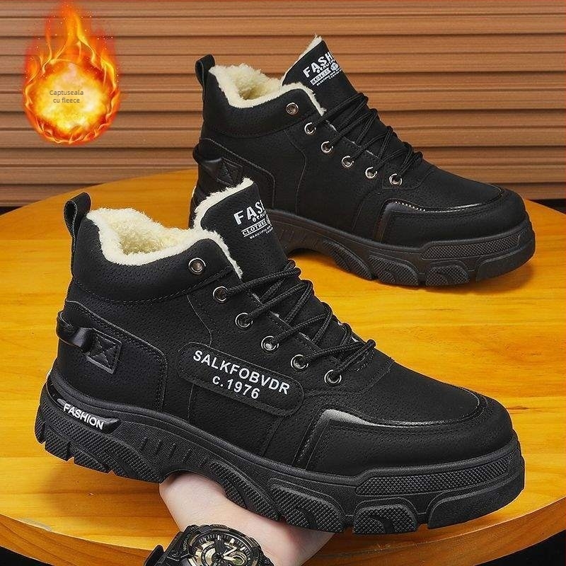 Ghete de iarnă pentru bărbați, înalte, stil Martin, căptușite cu fleece, impermeabile, antiaderente, încălzite, PU pe partea superioară, talpă EVA