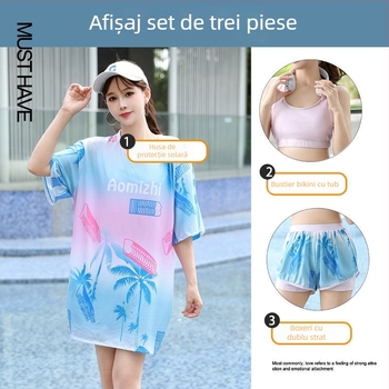 Set de baie pentru femei, 3 piese, stil conservator pentru vacanțe la plajă, cu bureți de susținere pentru bust, model gradient, material poliester-elastan (5%), mâneci de lungime medie